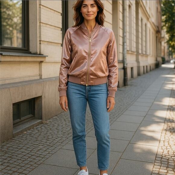 Tone It Up Rose Gold Satin Bomber Jacket Size Small - Picture 2 of 8